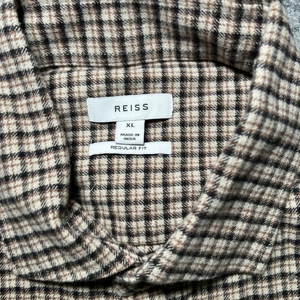 Reiss Regular Fit Plaid Checked Button Down Shirt Brown XL Cotton Blend